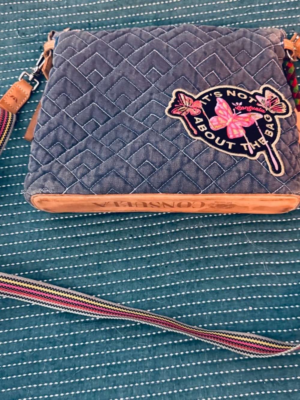 Abby Downtown Quilted Crossbody Bag with Embroidered Patch - Blue